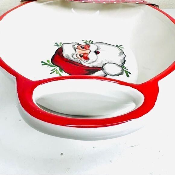 NWT Peppermint & Pine Ceramic White Red Christmas Santa Serve Dish Platter Spoon